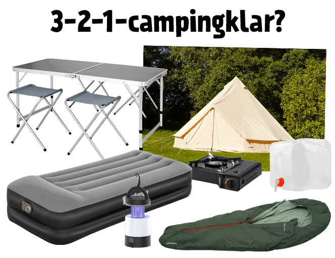 3-2-1-campingklar? Forskelligt campingudstyr inkl. telt, luftmadras, sovepose, lygte, gasblus, vanddunk og bord/stole-sæt