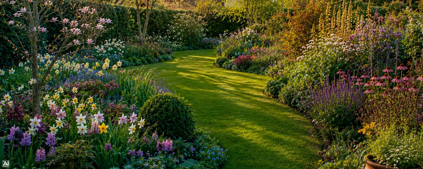 Prydhave med forårsblomster og stauder