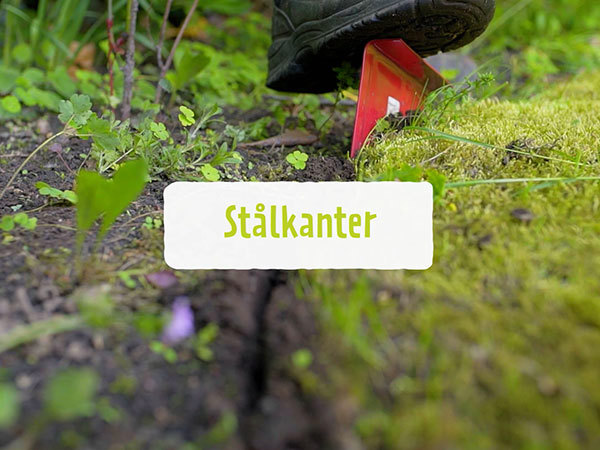 Grafik med ordet Stålkanter og en kantspade bag