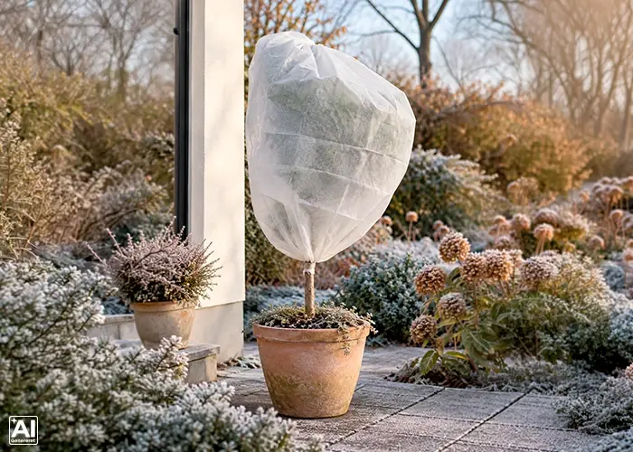 Vinterbeskyttelse med en åndbar pose over plante