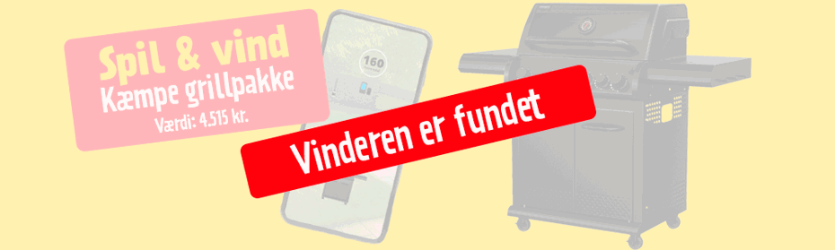Banner med "Vinderen er fundet" samt gasgrill