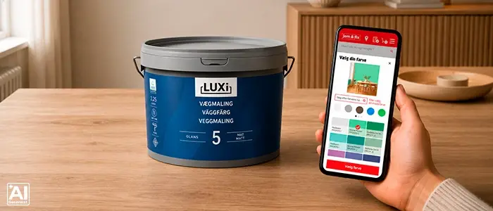En malingspand står på bordet imens en mobiltelefon viser farvevælgeren på jemogfix.dk