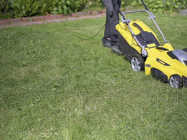 En græsplæne klippes med en Falke elplæneklipper