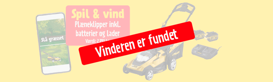 Banner med "Vinderen er fundet" samt en plæneklipper med batterier og lader fra Falke