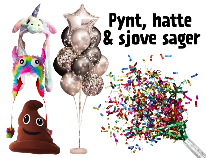 Pynt, hatte og sjove sager til nytår
