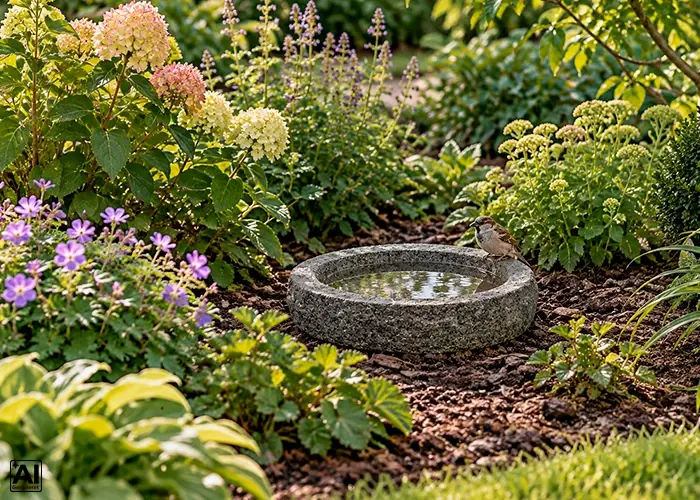 Et fuglebad af granit står på jorden i et blomsterbed
