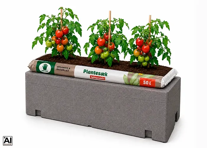 Kapillærkasse med plantesæk og tomatplanter