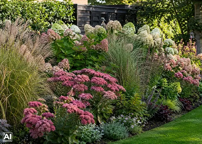 Prydhave med prydgræsser, hortensia, sankthansurt