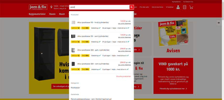 Se lagerstatus ved foreslåede søgeresultater