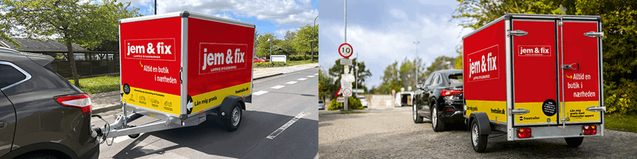 En lukket rød og gul trailer fra Freetrailer med grafikker fra jem & fix