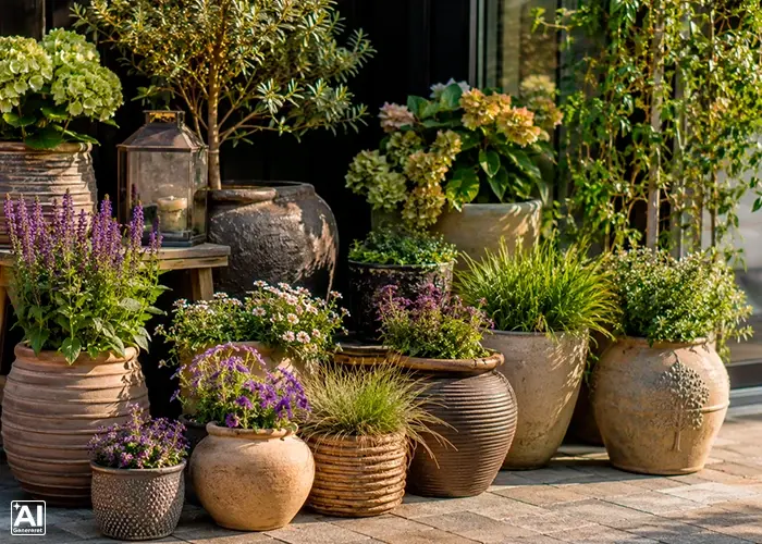 Samling af krukker med planter og blomster i