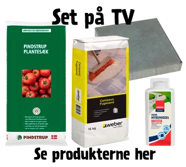 Produkter set på TV - Pindstrup plantesæk, fugesand, haveflise, myremiddel - se dem her